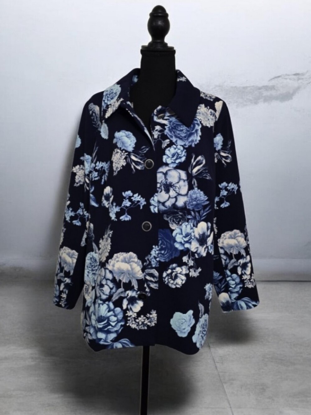 #T002 dennis basso Navy Floral Button-Front Pea Coat